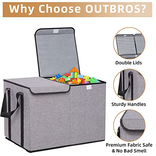 OUTBROS Box Chest Storage Organizer with Double Flip, 17.7 * 11.8 * 11.8 inch Collapsible Sturdy Boxes Organizer Bins with Big Handles, for Nursery, Playroom, Clothes, Blanket, Bedroom (2 Pack, Grey)