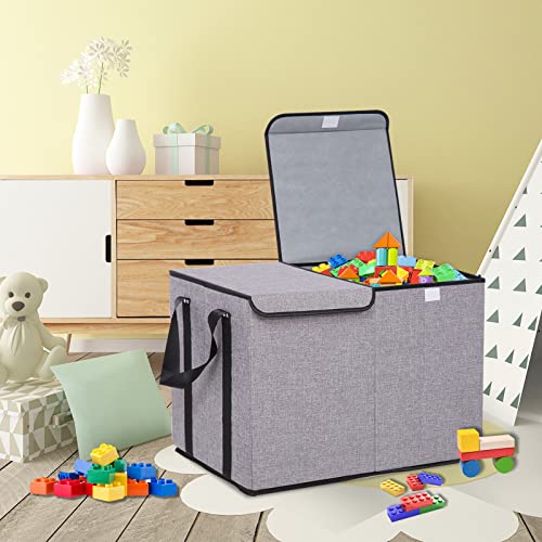 OUTBROS Box Chest Storage Organizer with Double Flip, 17.7 * 11.8 * 11.8 inch Collapsible Sturdy Boxes Organizer Bins with Big Handles, for Nursery, Playroom, Clothes, Blanket, Bedroom (2 Pack, Grey)