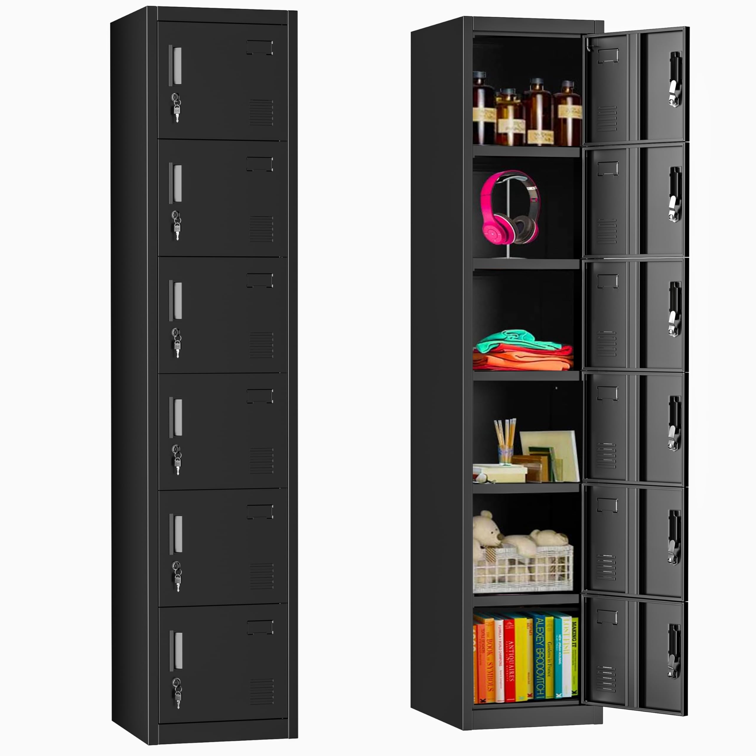 Bonusall Employees Lockers,Metal Office Storage Locker with 6 Door, Tall Steel Lockers with Keys and Lock for School, Gym, Home, Garage,Black