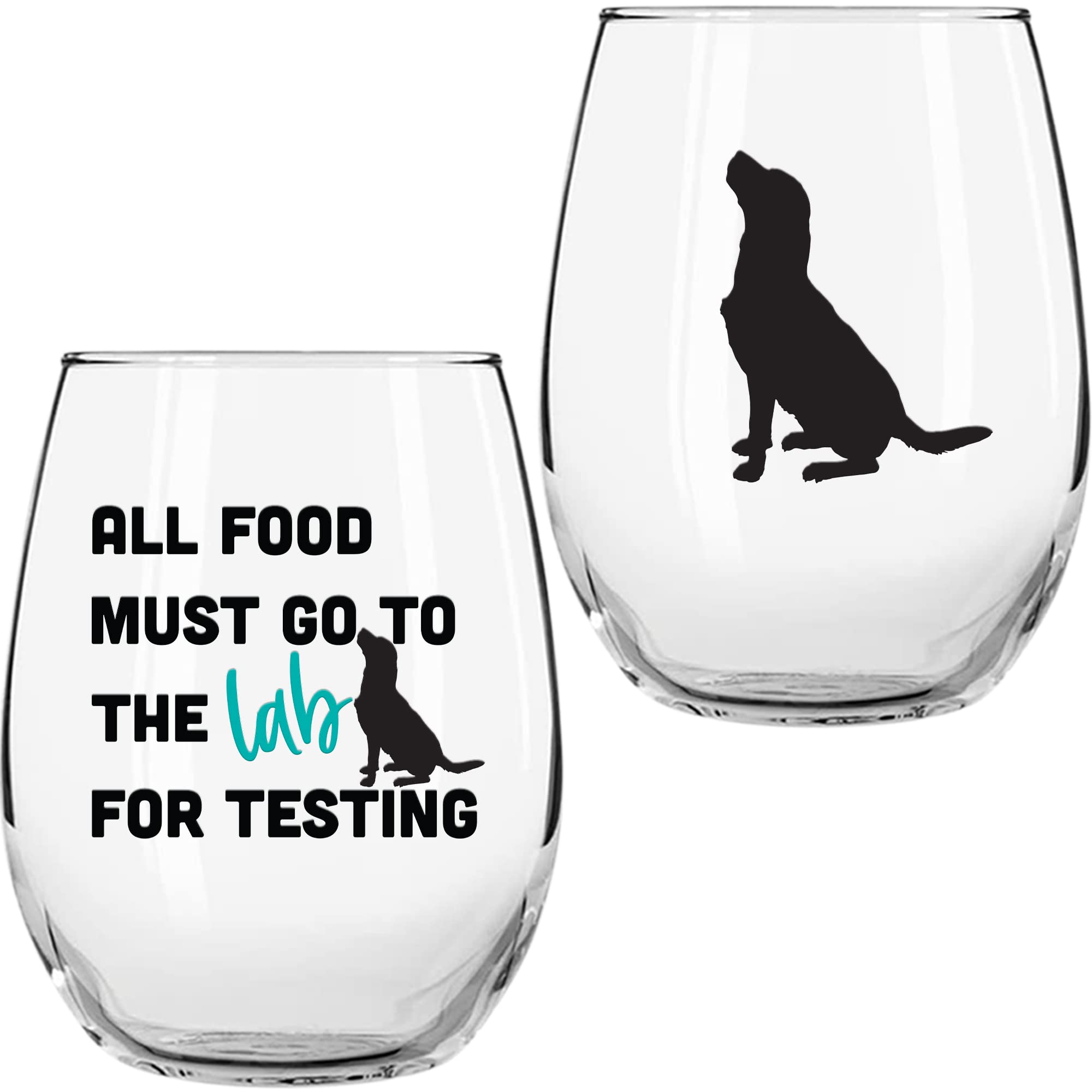 On The Rox Drinks Labrador Gifts for Labrador Lovers- All Food Must Go To The Lab For Testing 15 oz Stemless Wine Glass Set of 2 - Chocolate Lab Wine Glass - Dog Face, Black Labrador Gifts