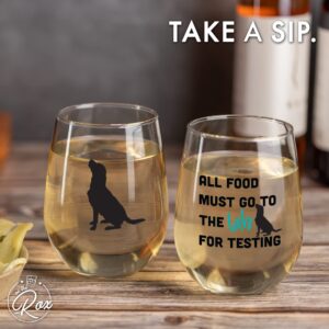 On The Rox Drinks Labrador Gifts for Labrador Lovers- All Food Must Go To The Lab For Testing 15 oz Stemless Wine Glass Set of 2 - Chocolate Lab Wine Glass - Dog Face, Black Labrador Gifts