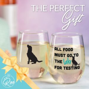 On The Rox Drinks Labrador Gifts for Labrador Lovers- All Food Must Go To The Lab For Testing 15 oz Stemless Wine Glass Set of 2 - Chocolate Lab Wine Glass - Dog Face, Black Labrador Gifts