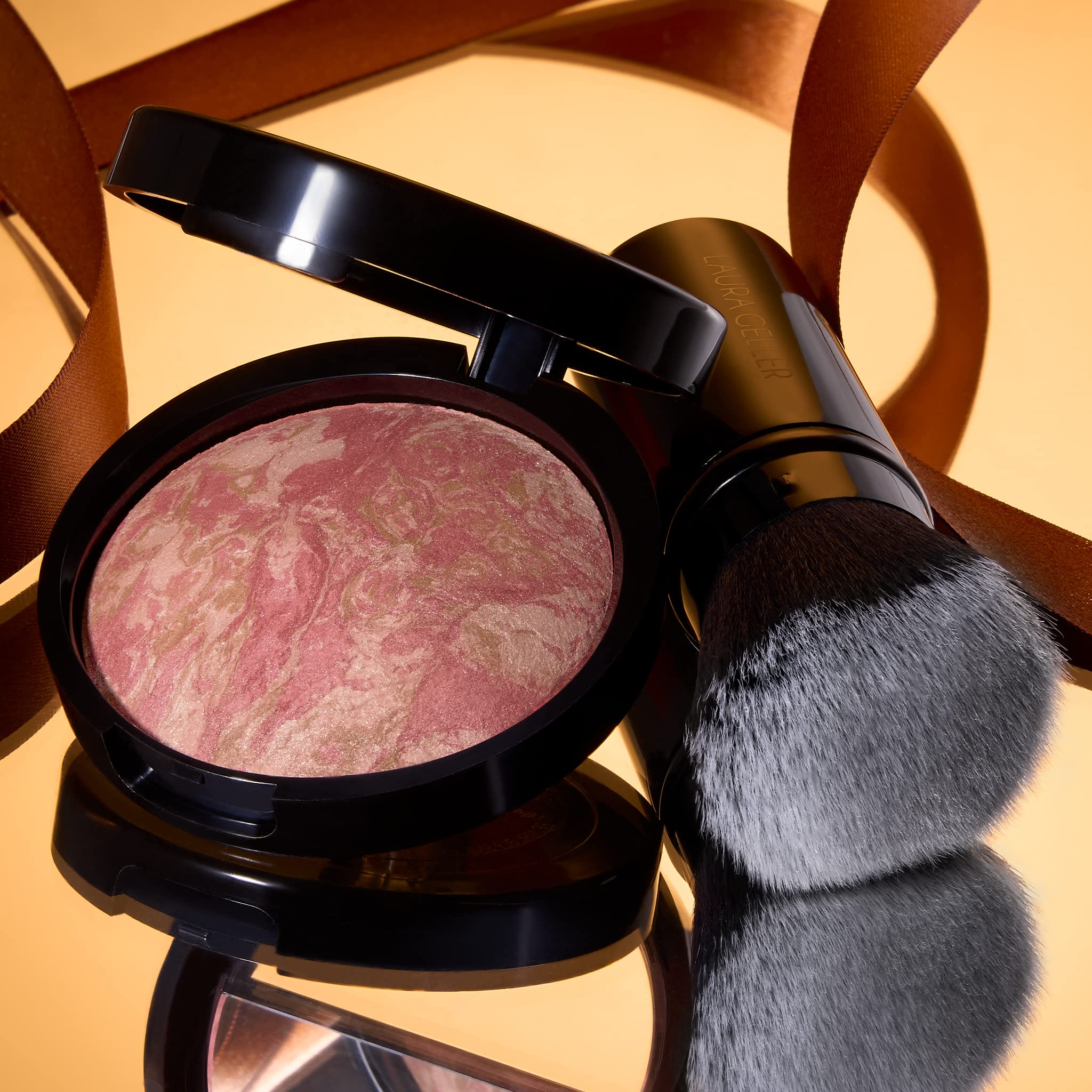 LAURA GELLER NEW YORK Baked Blush-n-Bronze 2-in-1 Bronzer Blush, Apricot Bronze - Retractable Angled Kabuki Brush