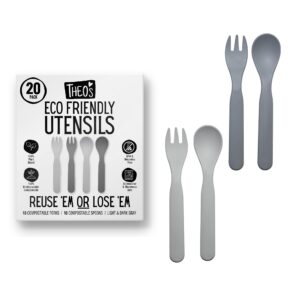 theo's 20 pack eco-friendly utensils for baby & toddler | 100% biodegradable + compostable 5.0"x1.2" plant based spoons & forks (10 each) | bpa free, dishwasher + microwave safe, light & dark gray
