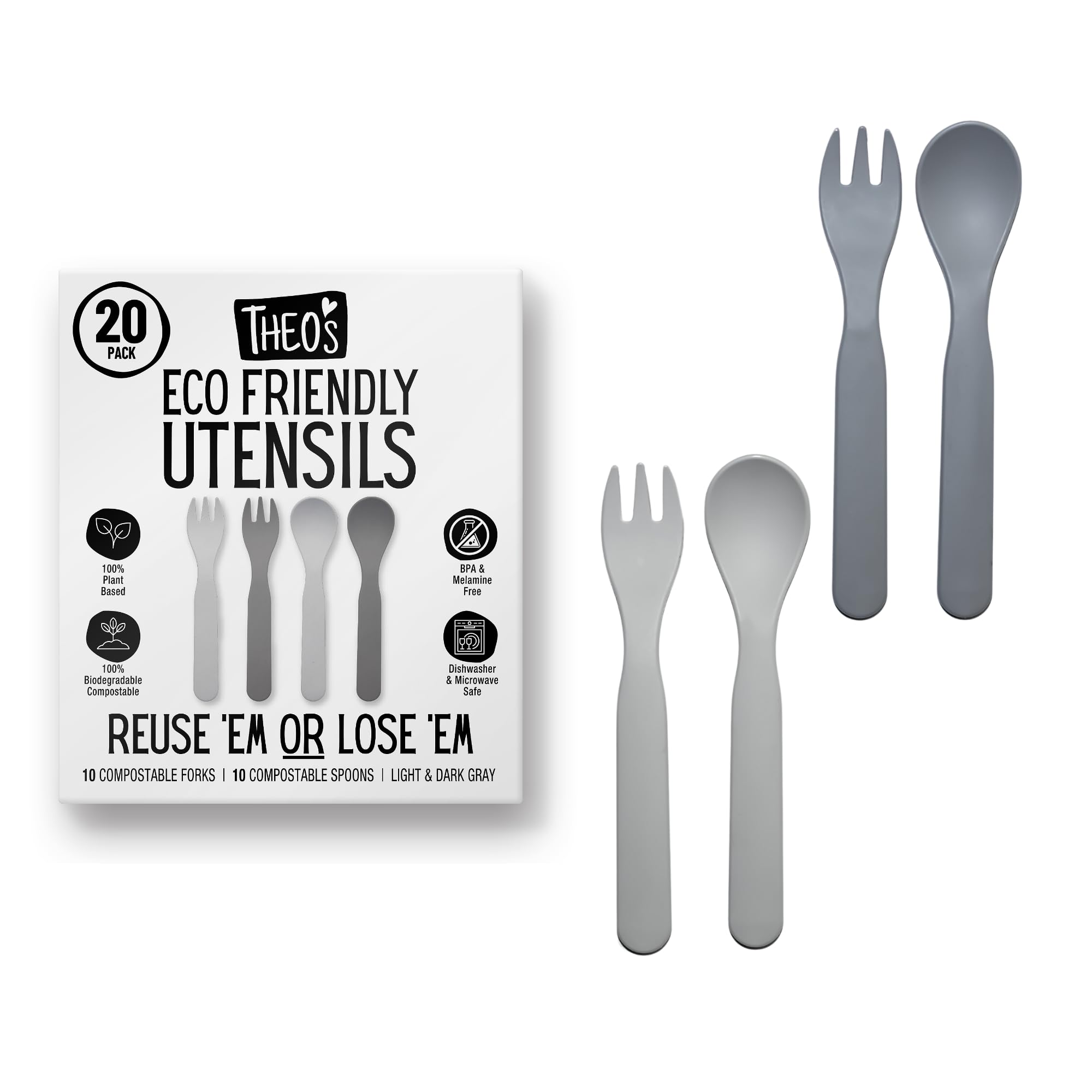 THEO'S 20 Pack Eco-Friendly Utensils for Baby & Toddler | 100% Biodegradable + Compostable 5.0"x1.2" Plant Based Spoons & Forks (10 each) | BPA Free, Dishwasher + Microwave Safe, Light & Dark Gray