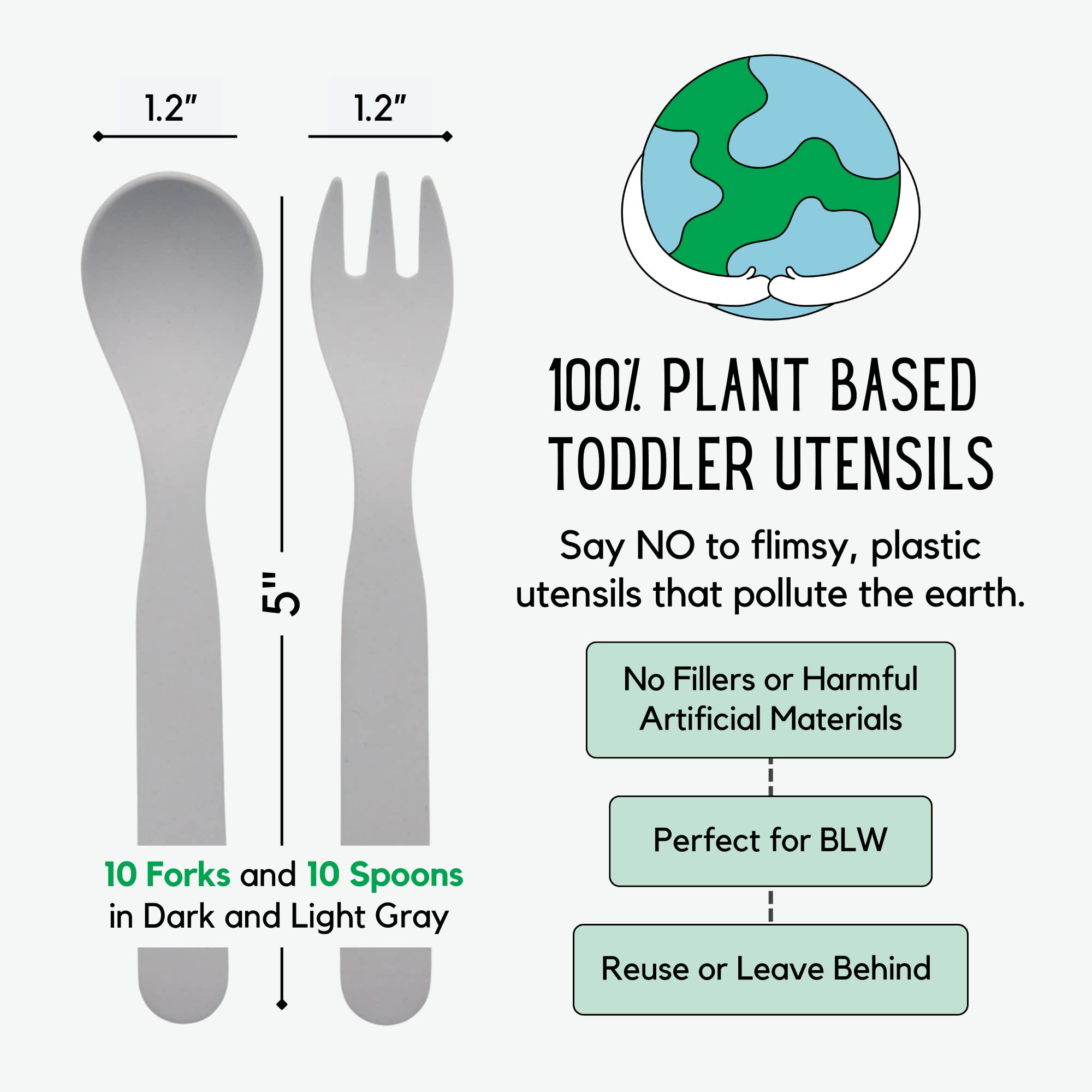 THEO'S 20 Pack Eco-Friendly Utensils for Baby & Toddler | 100% Biodegradable + Compostable 5.0"x1.2" Plant Based Spoons & Forks (10 each) | BPA Free, Dishwasher + Microwave Safe, Light & Dark Gray