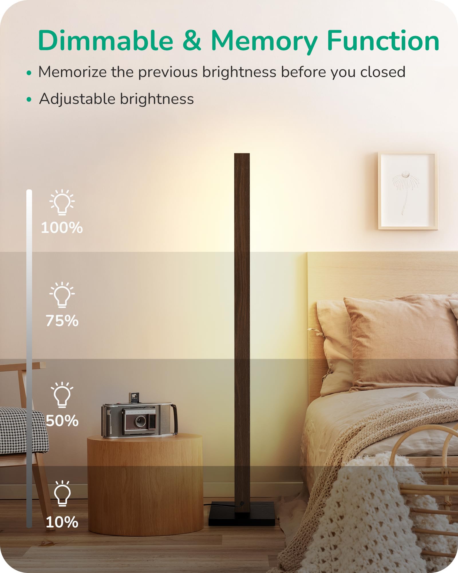 EDISHINE Wooden LED Corner Floor Lamp, Minimalist Dimmable Stick Light with Remote, Modern Standing Light for Living Room, Bedroom, Office, 7 Color Temperature 2700~6000K, 46"