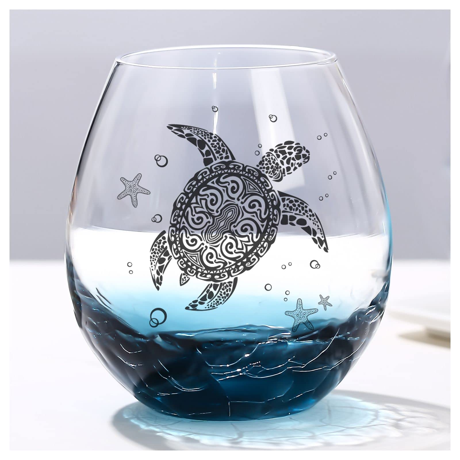 Mothers Day Gift for Women-Sea Turtle Wine Glasses - 13.3 oz Crackle Teal Design, Hand blown Tortoise Wine Tumbler,Sea Turtle Gifts for Women