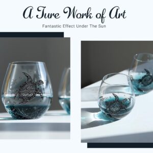 Mothers Day Gift for Women-Sea Turtle Wine Glasses - 13.3 oz Crackle Teal Design, Hand blown Tortoise Wine Tumbler,Sea Turtle Gifts for Women