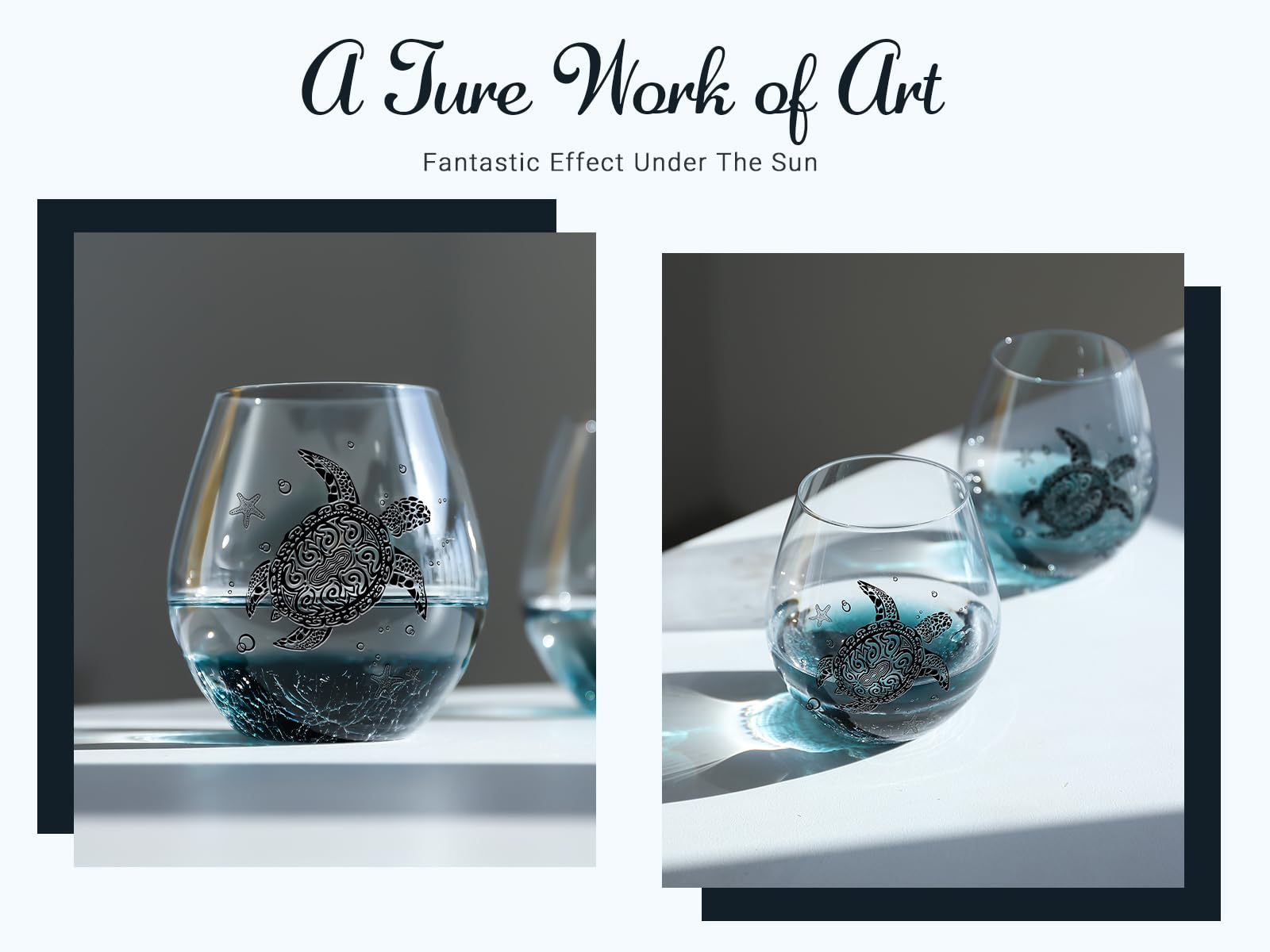 Mothers Day Gift for Women-Sea Turtle Wine Glasses - 13.3 oz Crackle Teal Design, Hand blown Tortoise Wine Tumbler,Sea Turtle Gifts for Women