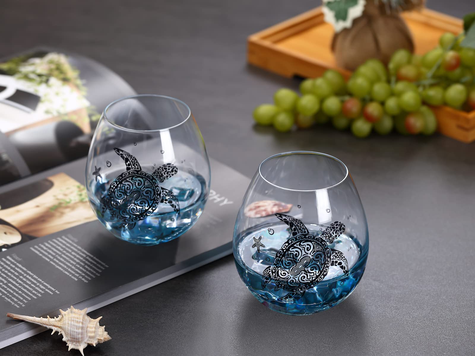 Mothers Day Gift for Women-Sea Turtle Wine Glasses - 13.3 oz Crackle Teal Design, Hand blown Tortoise Wine Tumbler,Sea Turtle Gifts for Women