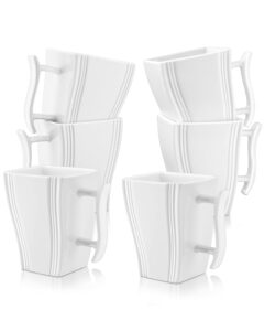 malacasa coffee mugs, porcelain mug set of 6, square 11 oz white coffee cups with handles for man woman, modern ceramic mugs set for coffee, latte, cappuccino, tea, milk, mocha, cereal, series flora