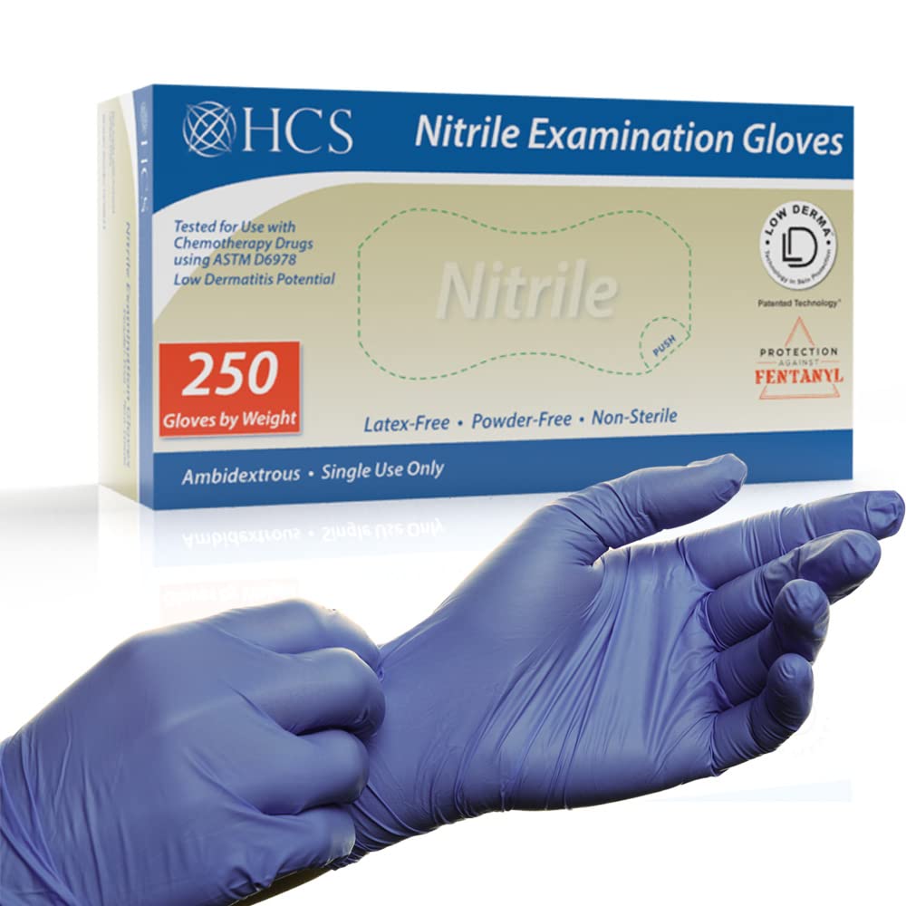 HCS Nitrile Gloves Medium - (250/Box) Low Dermatitis, Non-Latex Medical Gloves - Fentanyl & Chemo Protection - Rubber Gloves Disposable