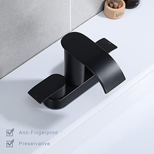 Ultimate Unicorn Waterfall Bathroom Sink Faucet Matte Black, Two Handles Bathroom Faucet with Metal Pop up Sink Drain Stopper, 2 or 3 Holes Bathroom Basin Lavatory Mixer Tap with Deck Mount Plate