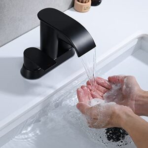 Ultimate Unicorn Waterfall Bathroom Sink Faucet Matte Black, Two Handles Bathroom Faucet with Metal Pop up Sink Drain Stopper, 2 or 3 Holes Bathroom Basin Lavatory Mixer Tap with Deck Mount Plate