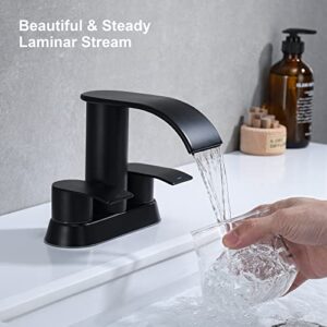Ultimate Unicorn Waterfall Bathroom Sink Faucet Matte Black, Two Handles Bathroom Faucet with Metal Pop up Sink Drain Stopper, 2 or 3 Holes Bathroom Basin Lavatory Mixer Tap with Deck Mount Plate