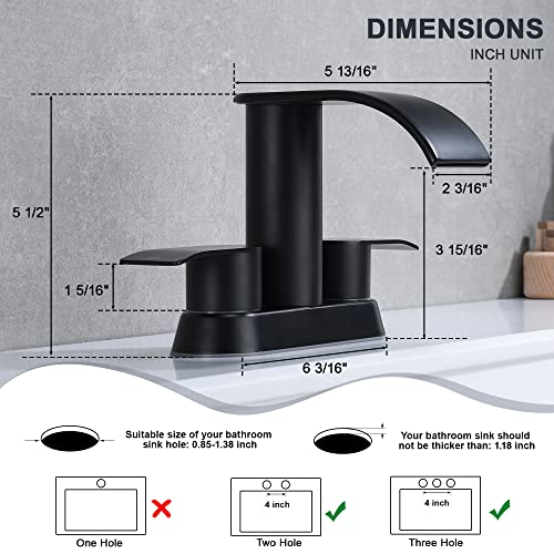 Ultimate Unicorn Waterfall Bathroom Sink Faucet Matte Black, Two Handles Bathroom Faucet with Metal Pop up Sink Drain Stopper, 2 or 3 Holes Bathroom Basin Lavatory Mixer Tap with Deck Mount Plate
