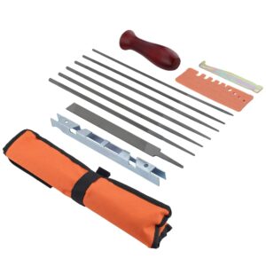 HeyCarb Chainsaw Sharpener File Kit Contains 5/32, 3/16, 7/32, 11/64, 9/64, 13/64 Inch Files, Wood Handle, Depth Gauge,Flat File, Quick Check Gauge,Cleaner,Pouch - for Sharpening and Filing Chainsaws