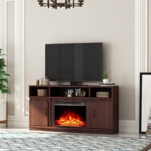 erommy 59'' fireplace tv stand with 23'' electric fireplace insert, entertainment center with adjustable shelves, tv console for tvs up to 65'' for living room, bedroom, office, rustic walnut