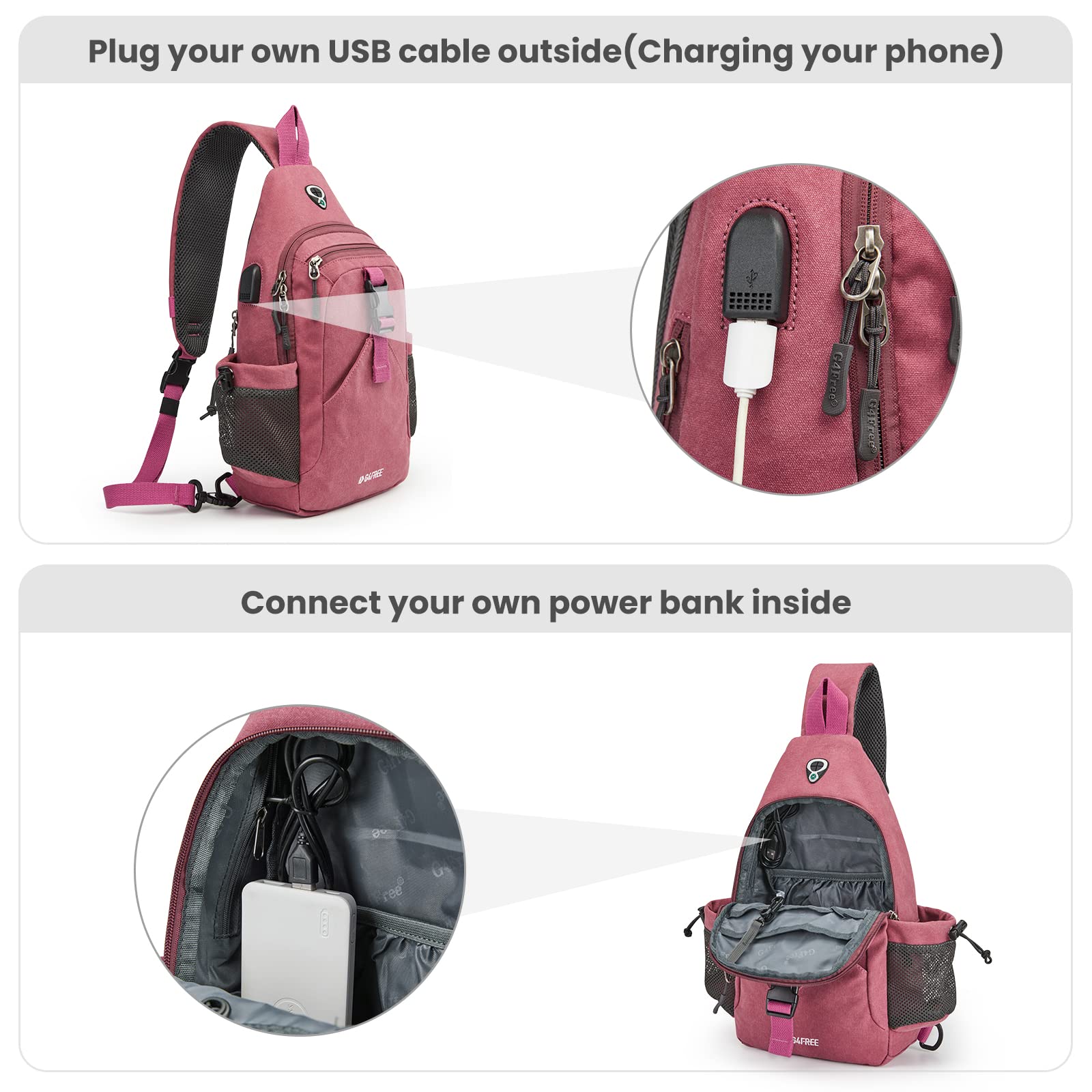 G4Free Canvas Sling Bag Crossbody Backpack with USB Charging Port & RFID Blocking, Hiking Daypack Chest Bag for Women Men(Pink)