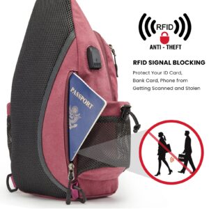 G4Free Canvas Sling Bag Crossbody Backpack with USB Charging Port & RFID Blocking, Hiking Daypack Chest Bag for Women Men(Pink)