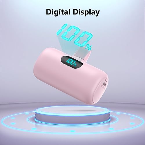 Feob Mini Portable Charger 5000mAh, Small & Ultra Compact 15W PD Fast Charging Power Bank, LCD Display Cute Battery Pack Compatible with iPhone 14/14 Pro Max/13/13 Pro Max/12/11/XR/X/8/7/6, Pink