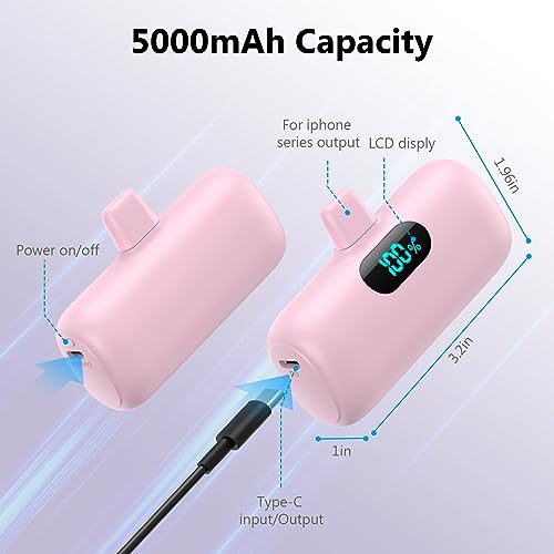 Feob Mini Portable Charger 5000mAh, Small & Ultra Compact 15W PD Fast Charging Power Bank, LCD Display Cute Battery Pack Compatible with iPhone 14/14 Pro Max/13/13 Pro Max/12/11/XR/X/8/7/6, Pink