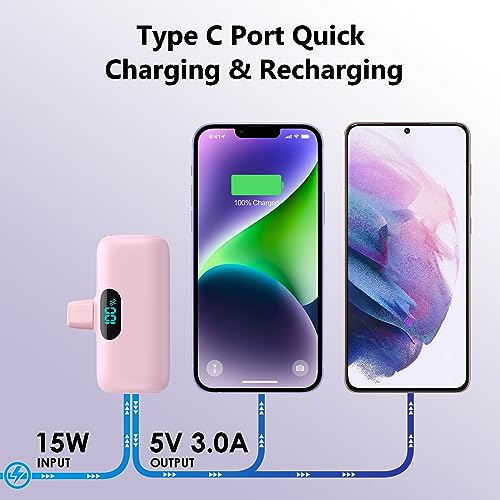 Feob Mini Portable Charger 5000mAh, Small & Ultra Compact 15W PD Fast Charging Power Bank, LCD Display Cute Battery Pack Compatible with iPhone 14/14 Pro Max/13/13 Pro Max/12/11/XR/X/8/7/6, Pink