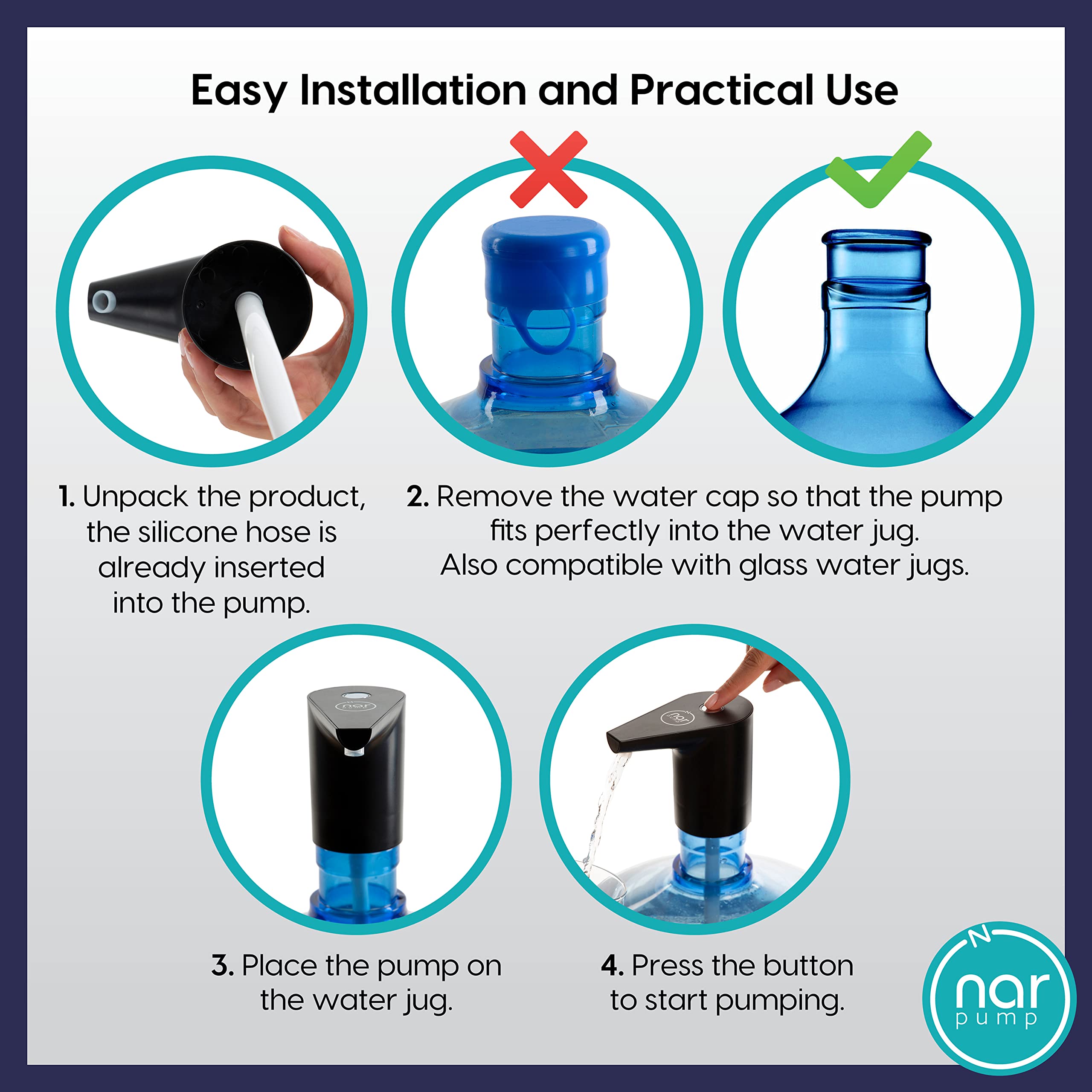 Narpump Whisper Ultra Silent, Very Fast Electric Drinking Water Bottle Dispenser Pump for 1-5 Gallon Water Jug, Portable Adapter with Child Lock for 5 Gallon Jug, USB Rechargeable, Black