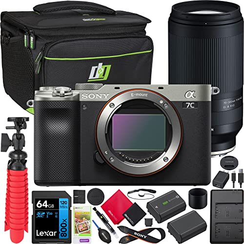 Sony a7C Mirrorless Full Frame Camera Body Silver ILCE-7C/S Bundle with Tamron 70-300mm F4.5-6.3 Di III RXD Lens A047 + Deco Gear Bag + Extra Battery &Dual Charger+ 64GB Card+ Tripod &Kit Accessories