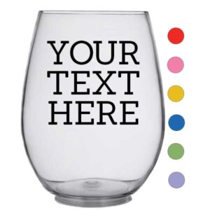 plastic stemless wine cup, personalized printed 15oz tritan, your text here, custom text, disposable, reusable, shatterproof, customized gifts for mothers day, birthdays, parties, outdoor events,