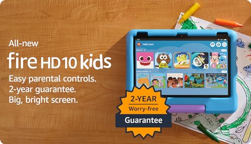 Amazon Fire 10 Kids tablet- 2023, ages 3-7 | Bright 10.1" HD screen with ad-free content and parental controls included, 13-hr battery, 32 GB, Blue