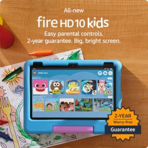 amazon fire 10 kids tablet- 2023, ages 3-7 | bright 10.1" hd screen with ad-free content and parental controls included, 13-hr battery, 32 gb, blue