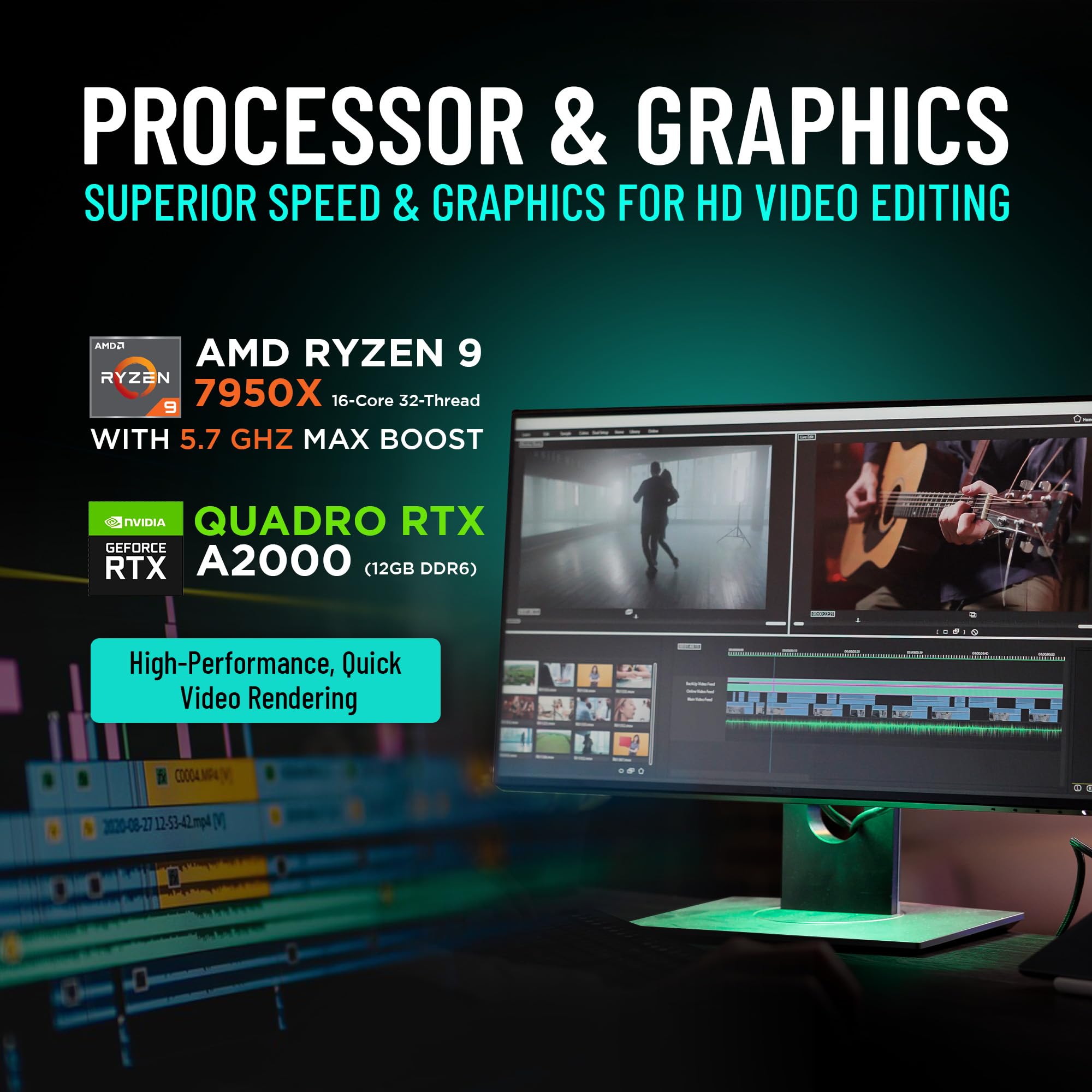 CPU Solutions Express HD Video Editing PC, CEV-8832 - HD Video Editing Workstation - Ryzen 7950X, 5.7Ghz 16-Core, 64GB DDR5 RAM, 2TB NVMe SSD, Quadro RTX A2000, Windows 11 Pro Computer Tower