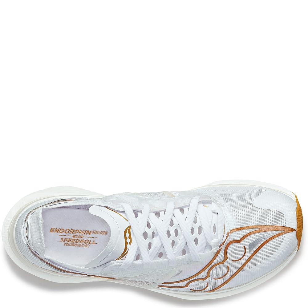 Saucony Women's Endorphin Elite Sneaker, White/Gold, 7.5