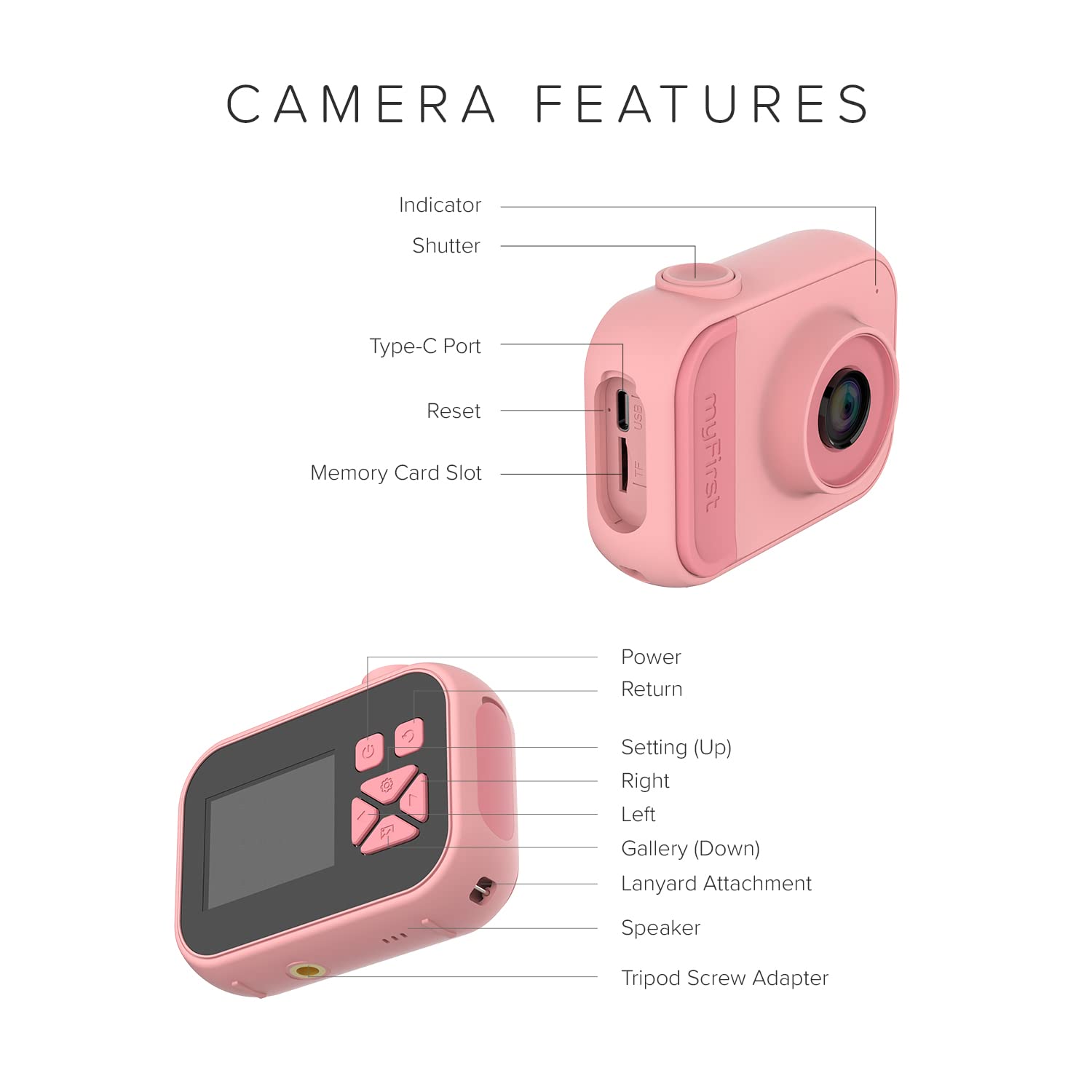 myFirst Camera 10 - Digital Mini Camera for Boys Girls Age 4-19 5MP Video Photo Support 32GB Memory Card, Comes with Tripod Screw Adapter Suitable for Birthday Gift (Pink)