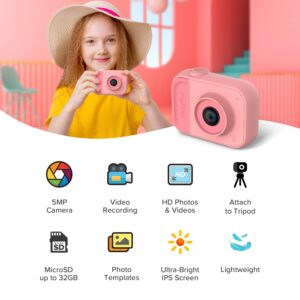 myFirst Camera 10 - Digital Mini Camera for Boys Girls Age 4-19 5MP Video Photo Support 32GB Memory Card, Comes with Tripod Screw Adapter Suitable for Birthday Gift (Pink)