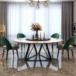 LAKIQ Marble Round Dining Table with Lazy Susan Modern Round Pedestal Dining Table Nordic Kitchen Dining Room Table with 3 Legs for Small Space-Table Only (White Lazy Susan,70.8"L x 70.8"W x 29.5"H)