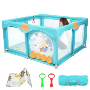 flying ideas baby playpen with mat, cute baby play yards, baby playpen for babies and toddlers, no gap toddler playpen with soft-touch material, baby play area, 50”×50”, (blue)