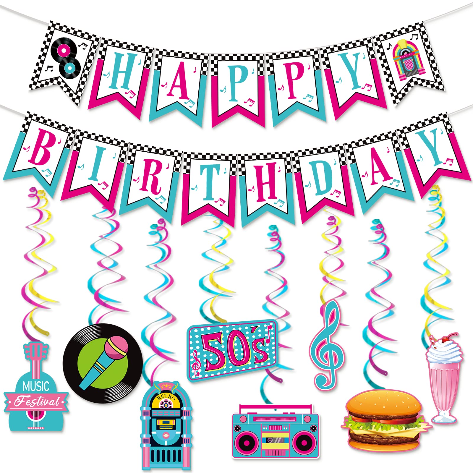 1950s Happy Birthday Banner 50's Theme Birthday Party Decorations Sock Hop Birthday Party Decorations Rock and Roll Birthday Party Decorations 50s Theme Birthday Party Supplies