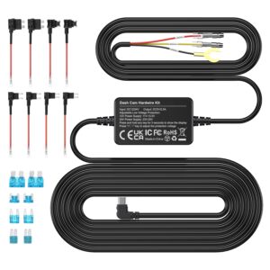ombar dash cam hardwire kit, 11.5ft micro usb hard wire kit fuse for dashcam, 12v-24v to 5v car dash camera charger power cord, low voltage protection, enable parking mode for dc21, dc42