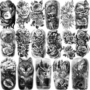 77 sheets temporary tattoo for women and men, half sleeve realistic temporary tattoos lion wolf owl elk snake butterfly rose for girls boys, waterproof fake tattoos for adults chest shoulder neck hand