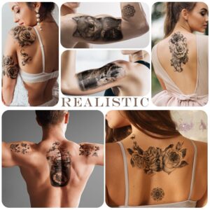 77 Sheets Temporary Tattoo for Women and Men, Half Sleeve Realistic Temporary Tattoos Lion Wolf Owl Elk Snake Butterfly Rose for Girls Boys, Waterproof Fake Tattoos for Adults Chest Shoulder Neck Hand