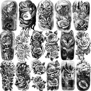 77 sheets temporary tattoo for men and women, 17 sheets half arm chest shoulder fake tattoos, 60 sheets tiny black for adults, waterproof realistic tattoos long-lasting
