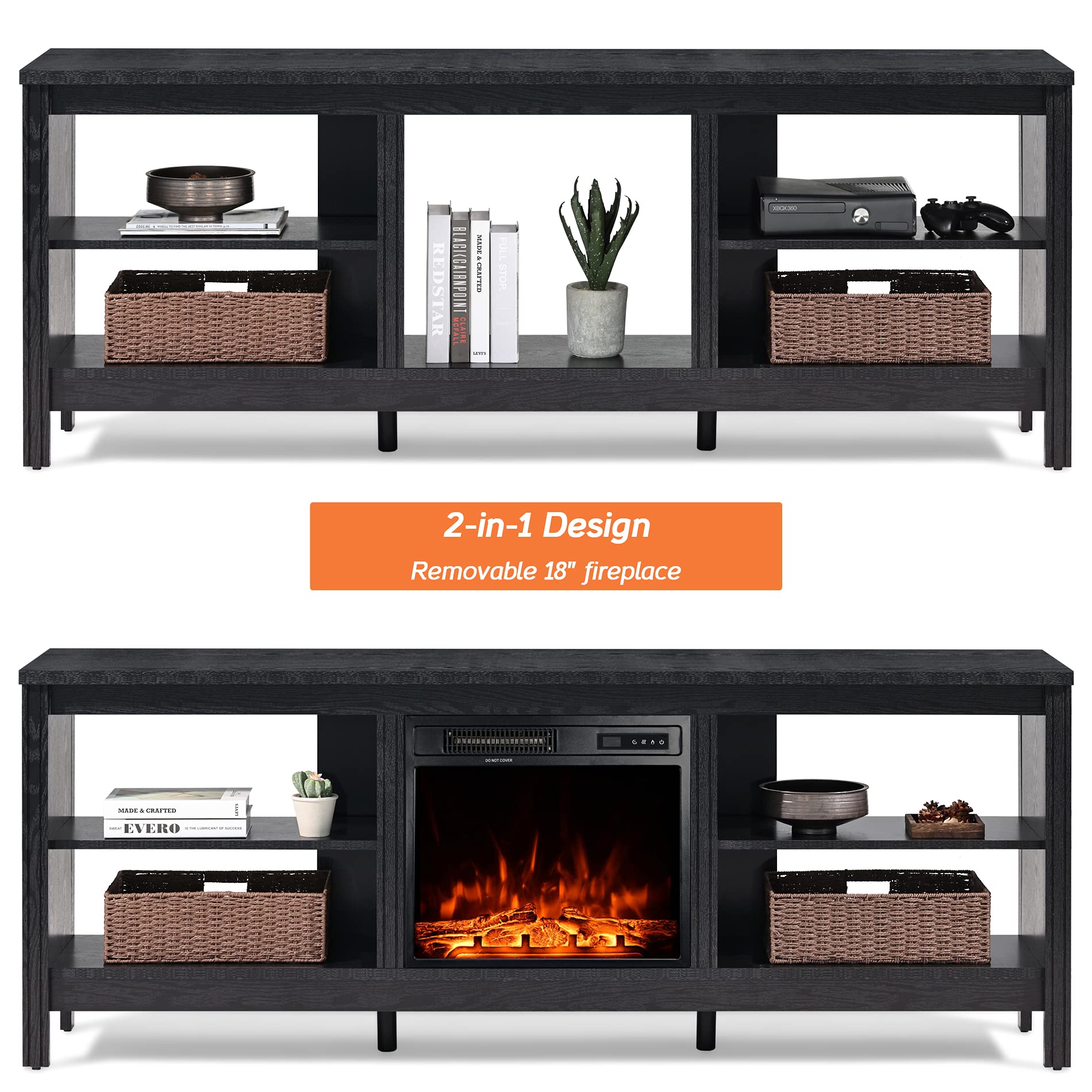 WAMPAT Fireplace TV Stand for TVs Up to 75 Inch with RBG LED Light, Farmhouse Wood Electric Fireplace Entertainment Center with 4 Storages for Living Room Bedroom, Black