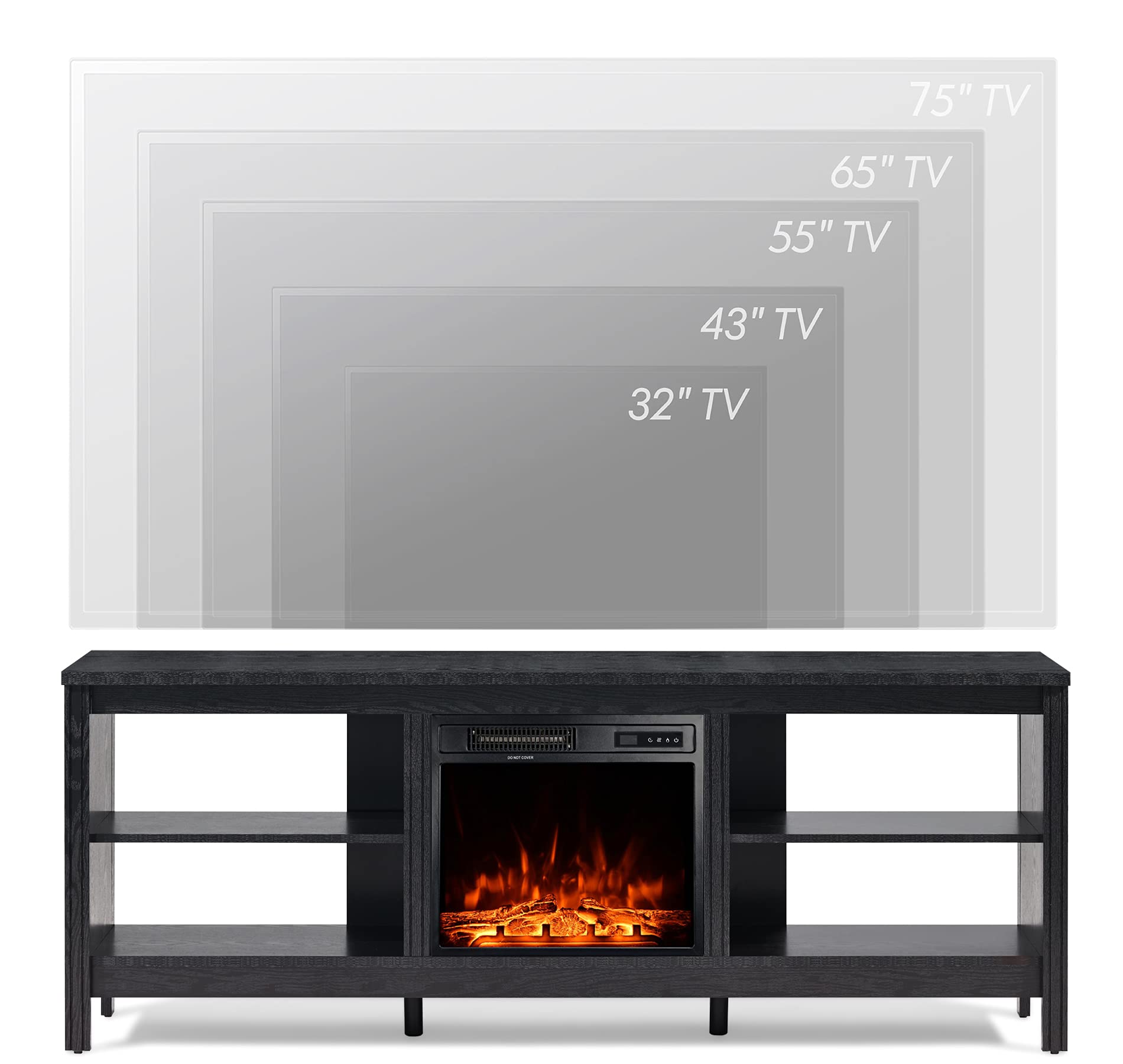 WAMPAT Fireplace TV Stand for TVs Up to 75 Inch with RBG LED Light, Farmhouse Wood Electric Fireplace Entertainment Center with 4 Storages for Living Room Bedroom, Black