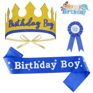 aprince birthday boy crown hat gold, birthday sash and button pins, cake topper party decorations set for birthday boys kids
