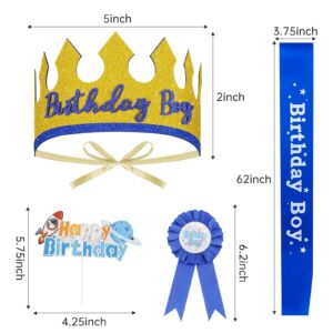 Aprince Birthday Boy Crown Hat Gold, Birthday Sash and Button Pins, Cake Topper Party Decorations Set for Birthday Boys Kids