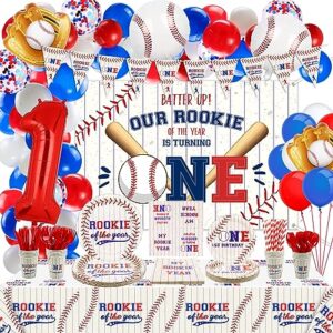 baseball 1st birthday party supplies, includes rookie of the year banner, backdrop, tablecloth, balloons, plates, napkins, cups and straws for boys baby first baseball party decor, serves 20 guests