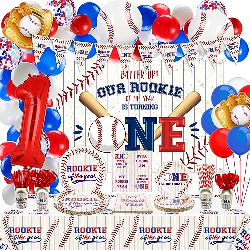 Baseball 1st Birthday Party Supplies, Includes Rookie of The Year Banner, Backdrop, Tablecloth, Balloons, Plates, Napkins, Cups and Straws for Boys Baby First Baseball Party Decor, Serves 20 Guests